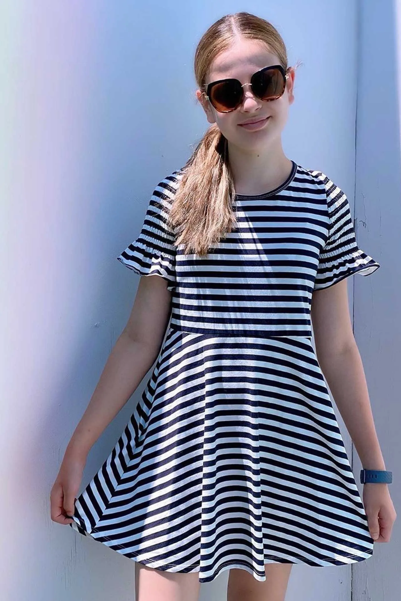 Big Girls Short Sleeve Fit and Flare Striped Knit Dress