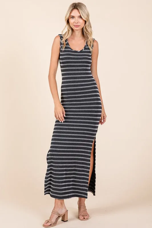Black Striped Knit Scoop Neck Sleeveless Maxi Dress