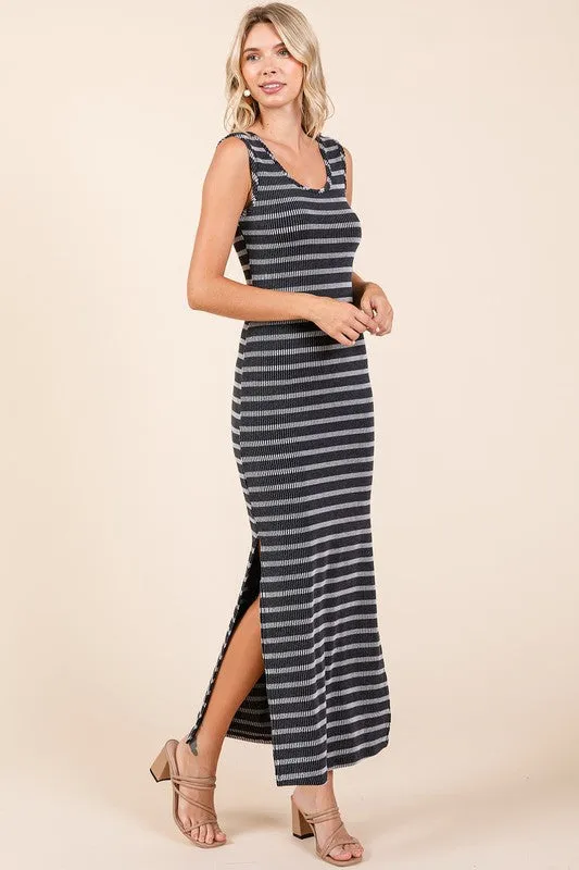 Black Striped Knit Scoop Neck Sleeveless Maxi Dress