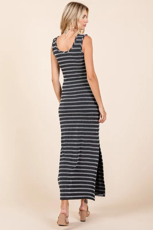 Black Striped Knit Scoop Neck Sleeveless Maxi Dress