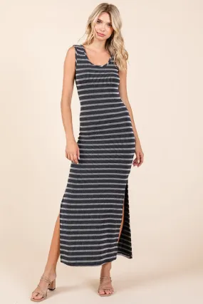 Black Striped Knit Scoop Neck Sleeveless Maxi Dress