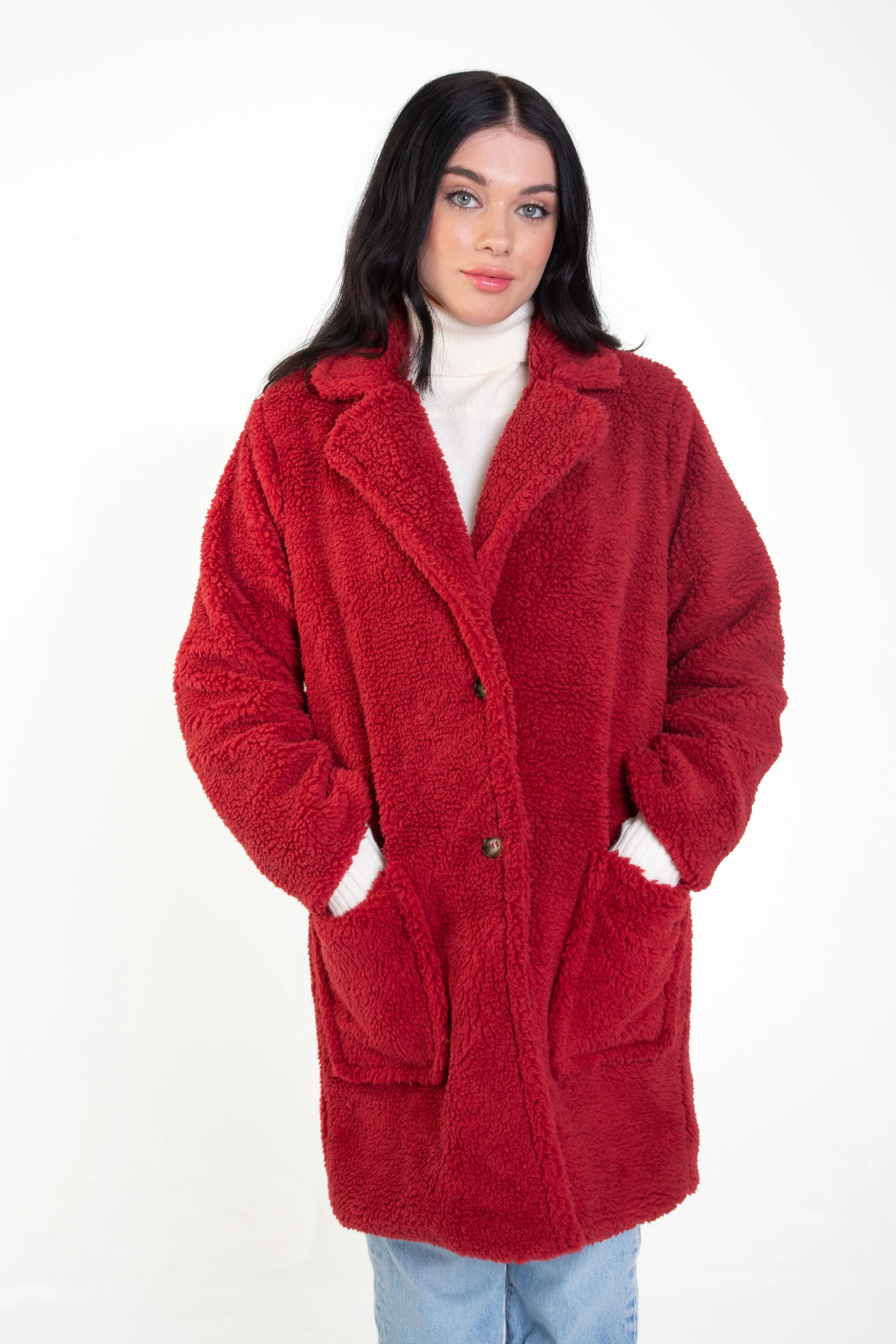 Burgundy Faux Fur Longline Teddy Overcoat