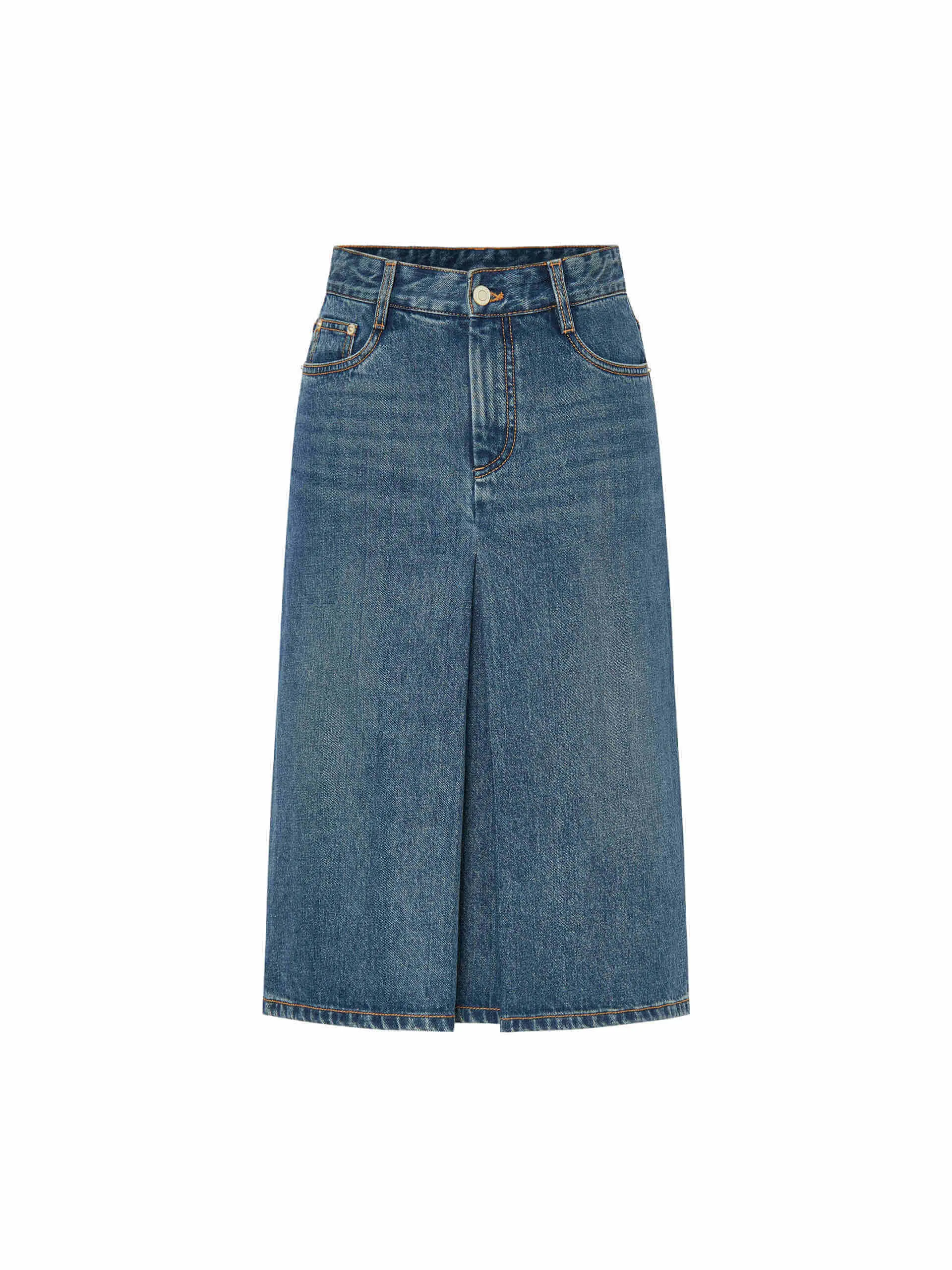 Denim Pleated Midi Skirt