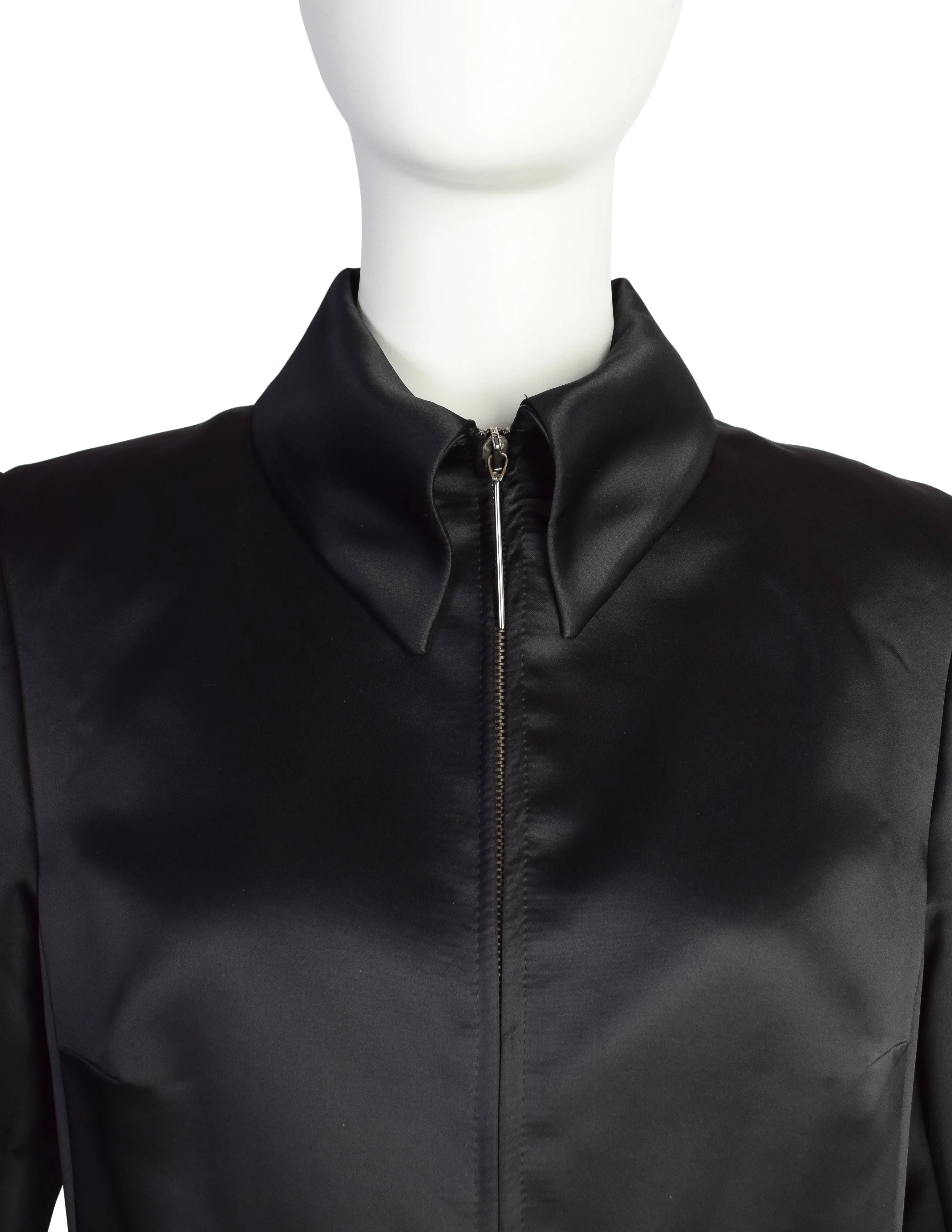 Dirk Bikkembergs Vintage AW 1997 Black Satin Belted Zip Front Coat