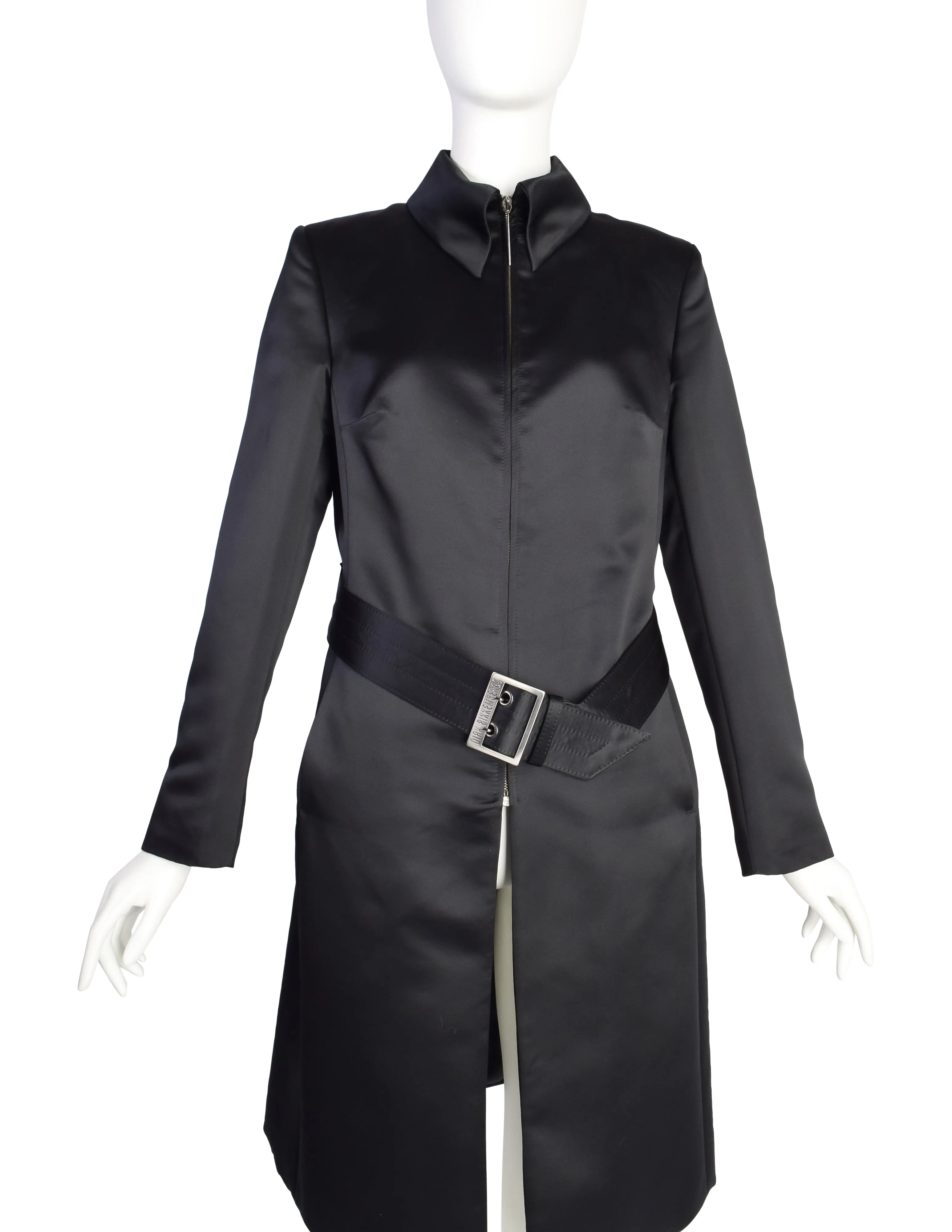 Dirk Bikkembergs Vintage AW 1997 Black Satin Belted Zip Front Coat