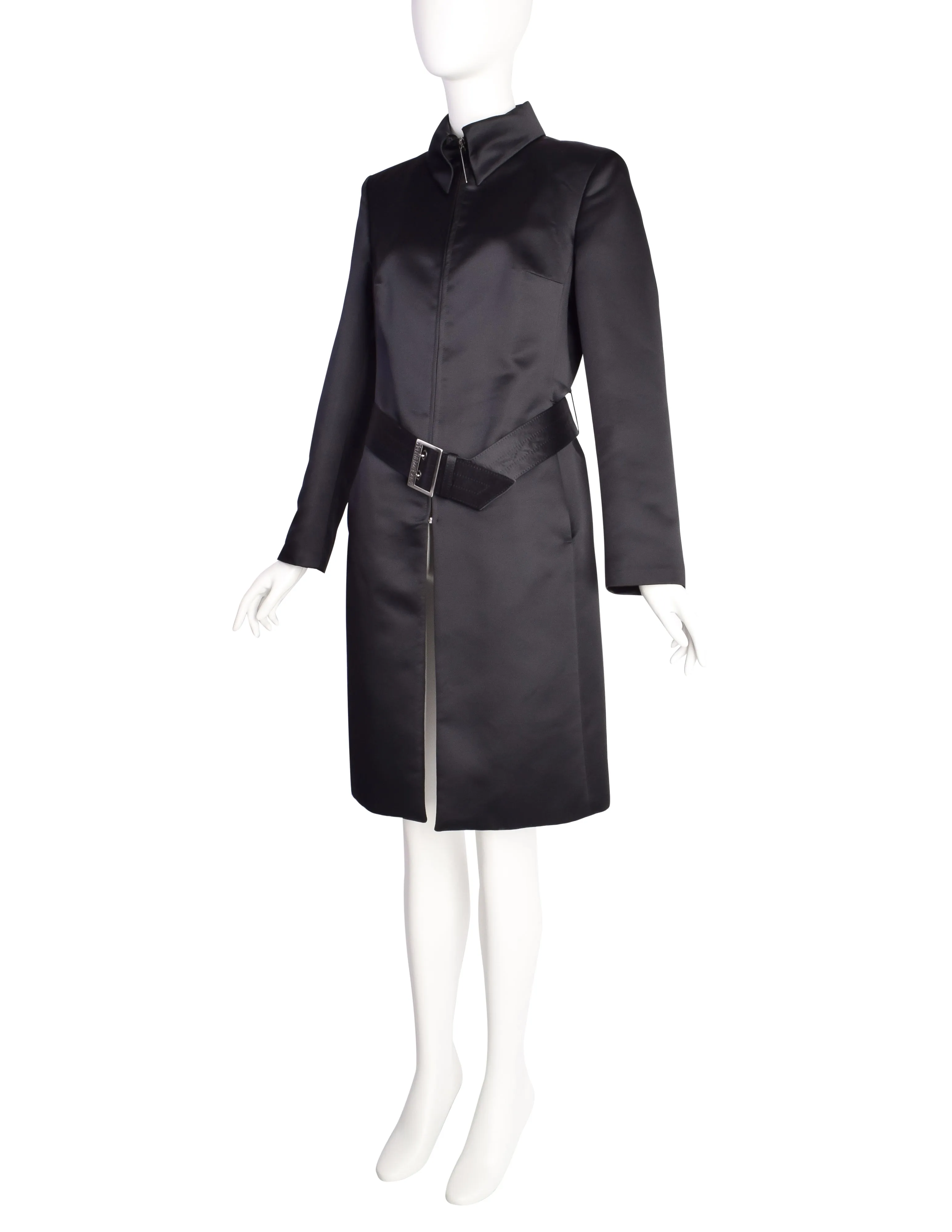 Dirk Bikkembergs Vintage AW 1997 Black Satin Belted Zip Front Coat