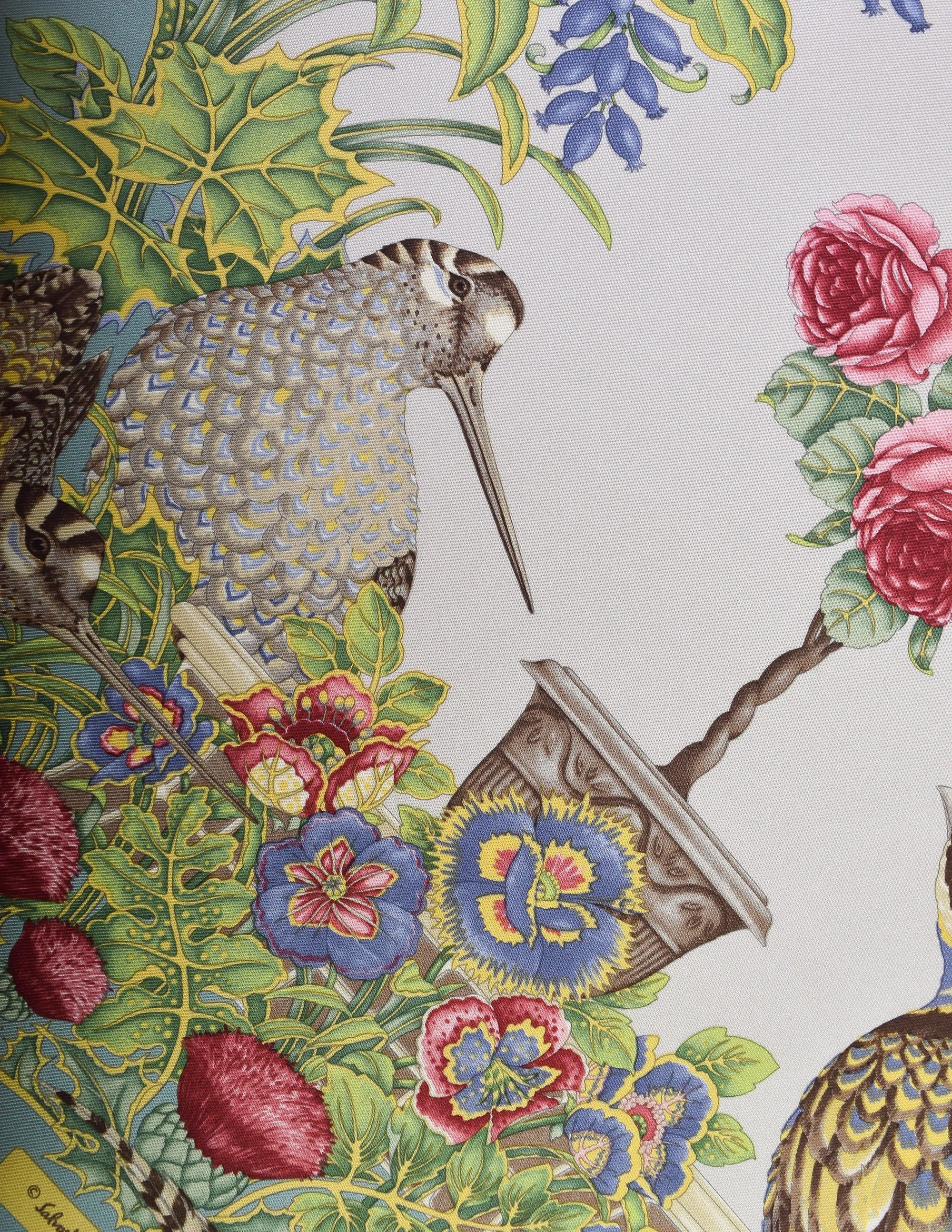 Ferragamo Vintage Pastel Floral Pheasant Print Small Silk Scarf