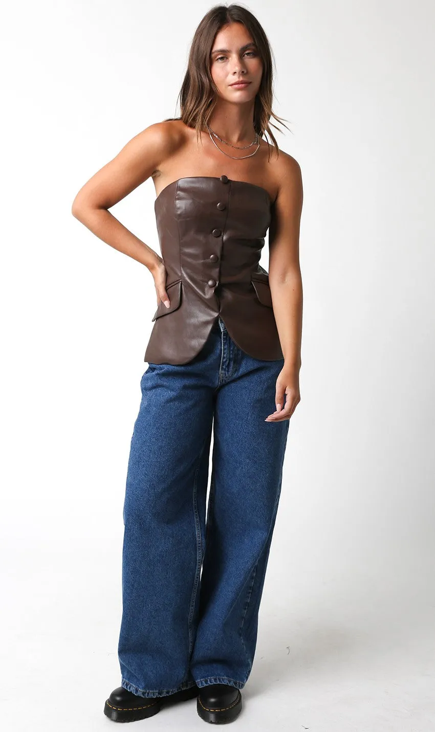 Flared Button Leather Top Brown