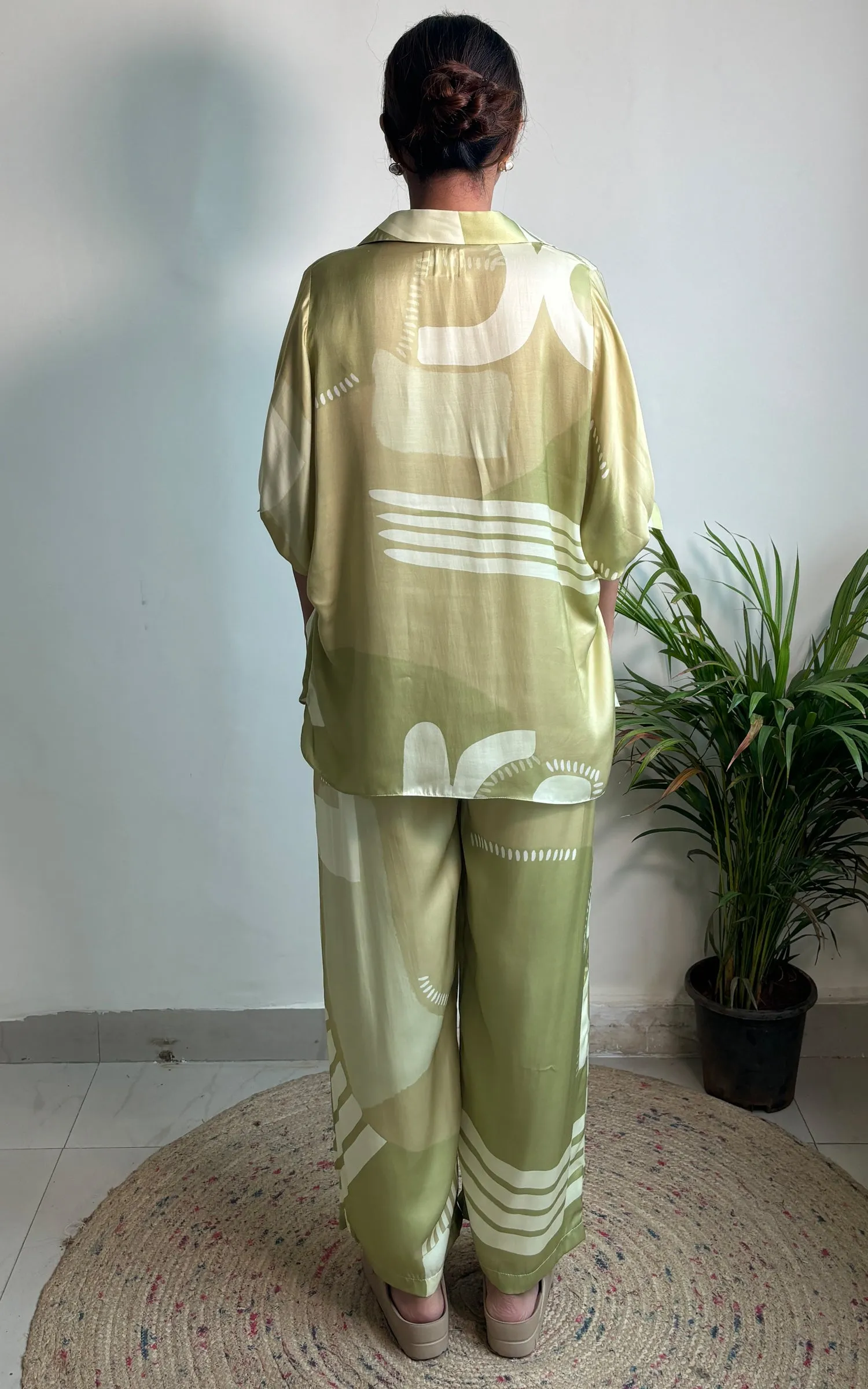 Green Abstract Printed  V Neck Top Set