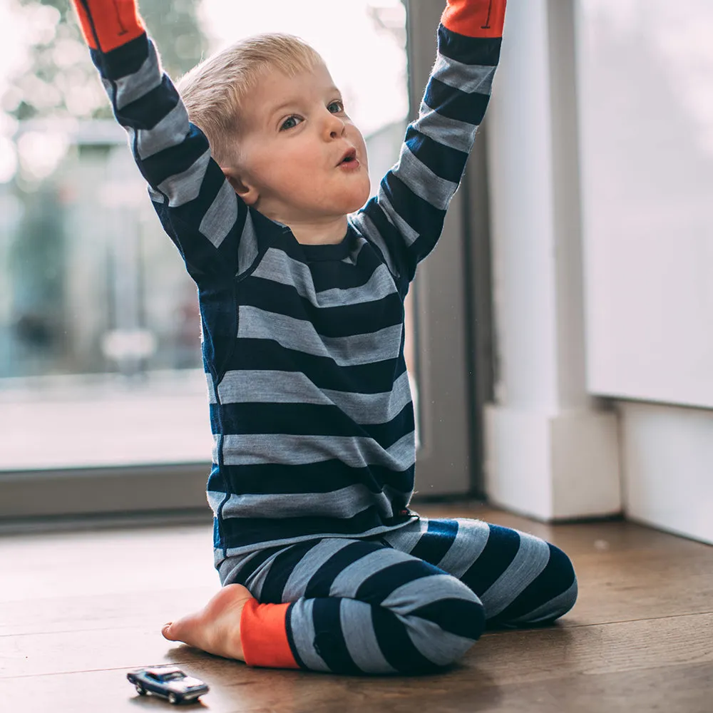 Kids Merino Blend 200 Long Sleeve Crew (Stripey Navy/Sky)