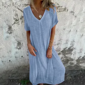 Linen Short Sleeve Loose V-neck High Waist Vintage Solid Color Straight Beach Casual Cotton Dress