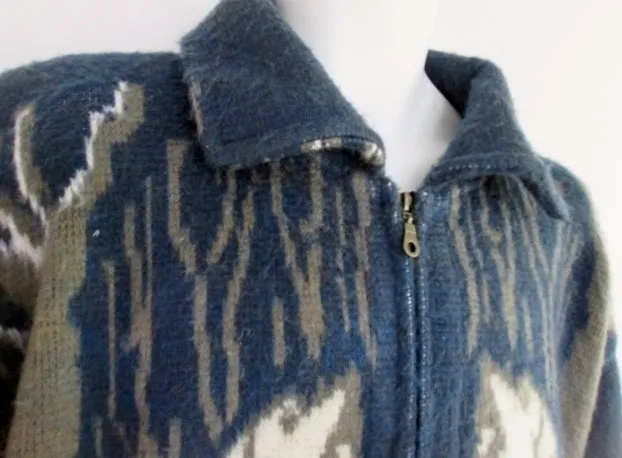 Mens RUMINAHUI Wool DOG WHITE WOLF Zip Up Sweater Jacket Cardigan Wool BLUE XL