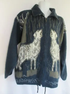 Mens RUMINAHUI Wool DOG WHITE WOLF Zip Up Sweater Jacket Cardigan Wool BLUE XL