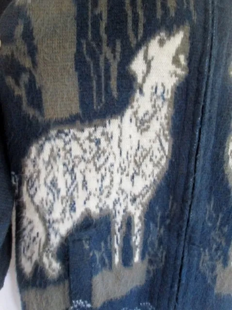 Mens RUMINAHUI Wool DOG WHITE WOLF Zip Up Sweater Jacket Cardigan Wool BLUE XL