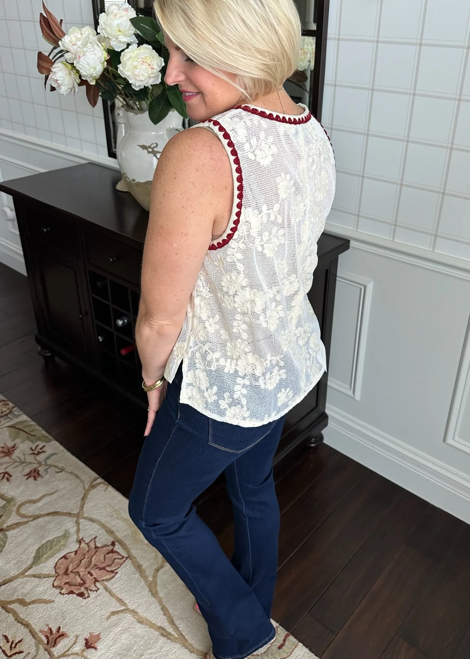 Natural Crochet Top with Crimson Trim