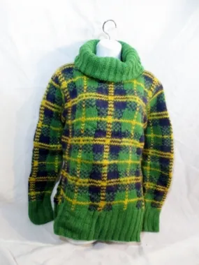 NEW CELINE ALPACA Wool Mohair TARTAN Sweater S GREEN Turtleneck PLAID Womens