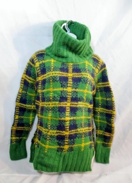 NEW CELINE ALPACA Wool Mohair TARTAN Sweater S GREEN Turtleneck PLAID Womens