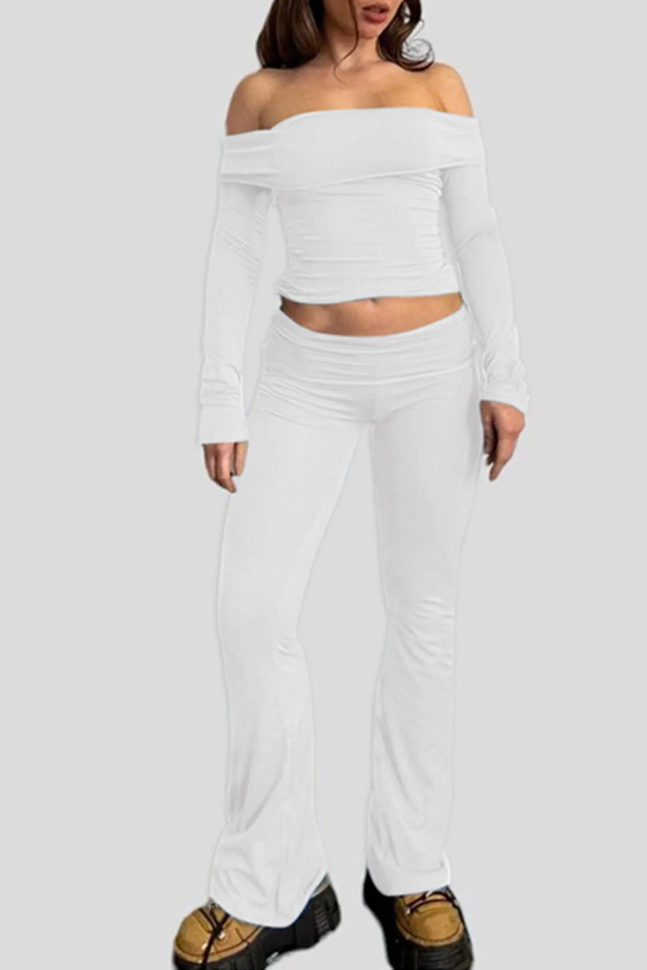 Off-shoulder Crop Top Flares Trouser Set