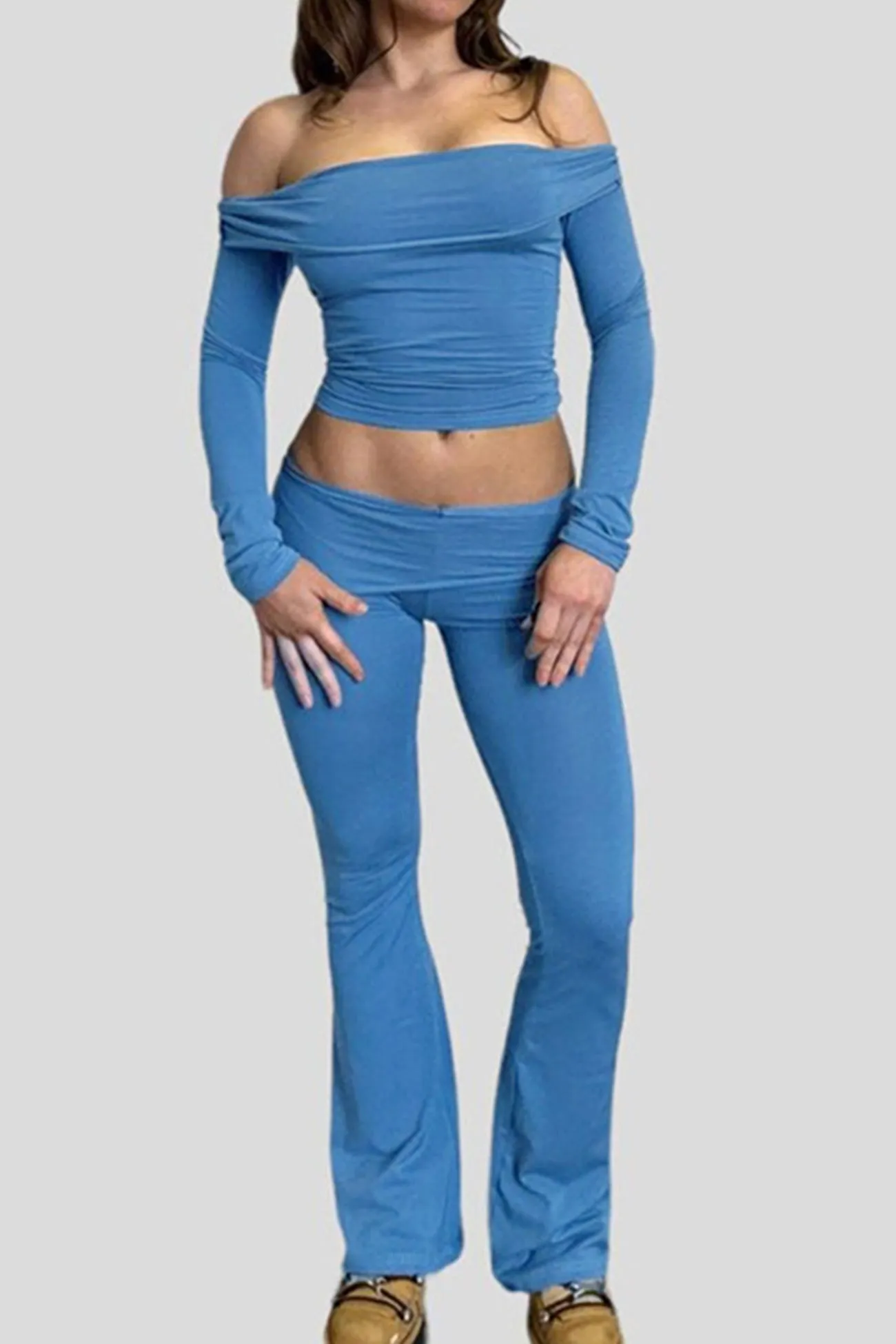 Off-shoulder Crop Top Flares Trouser Set