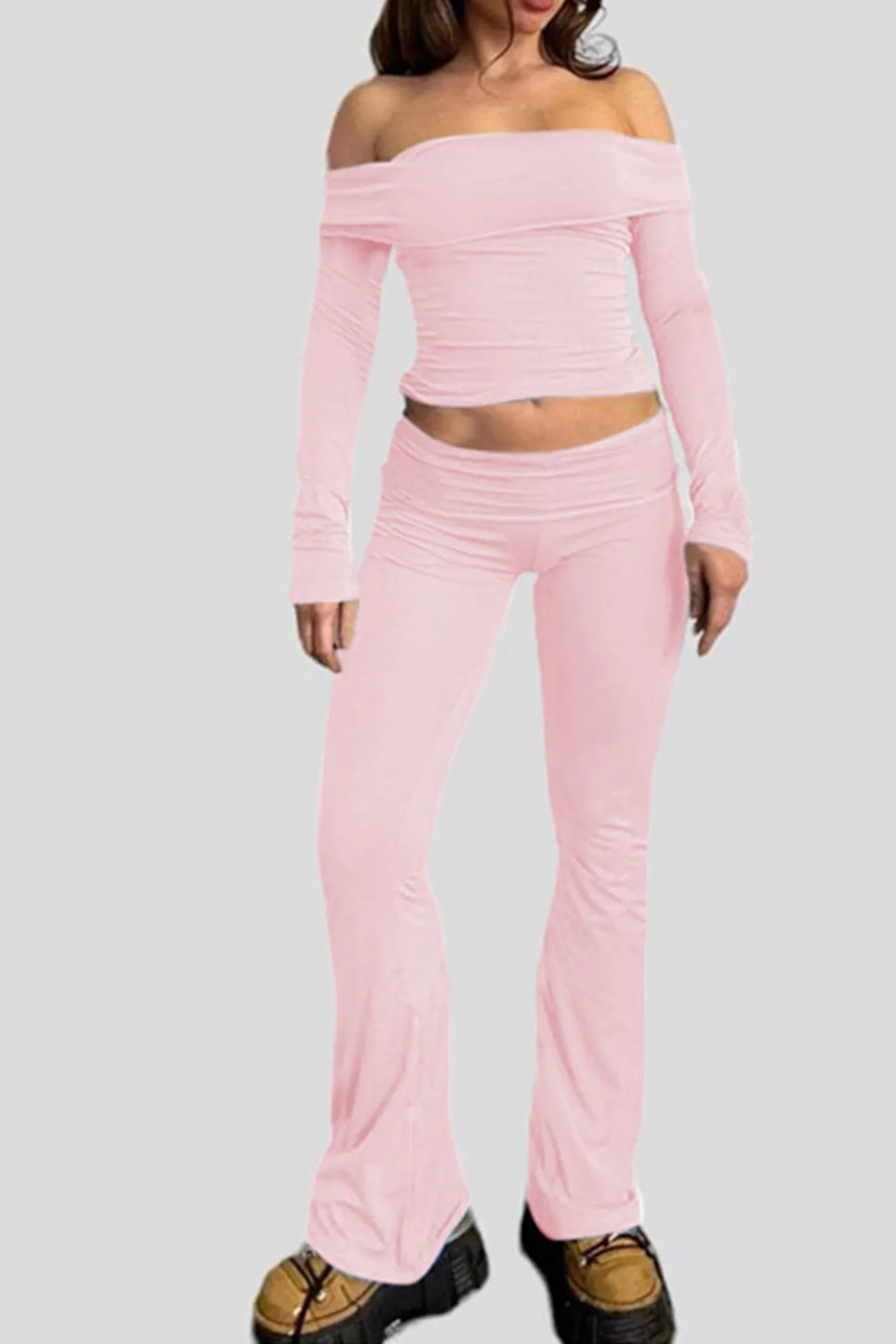 Off-shoulder Crop Top Flares Trouser Set