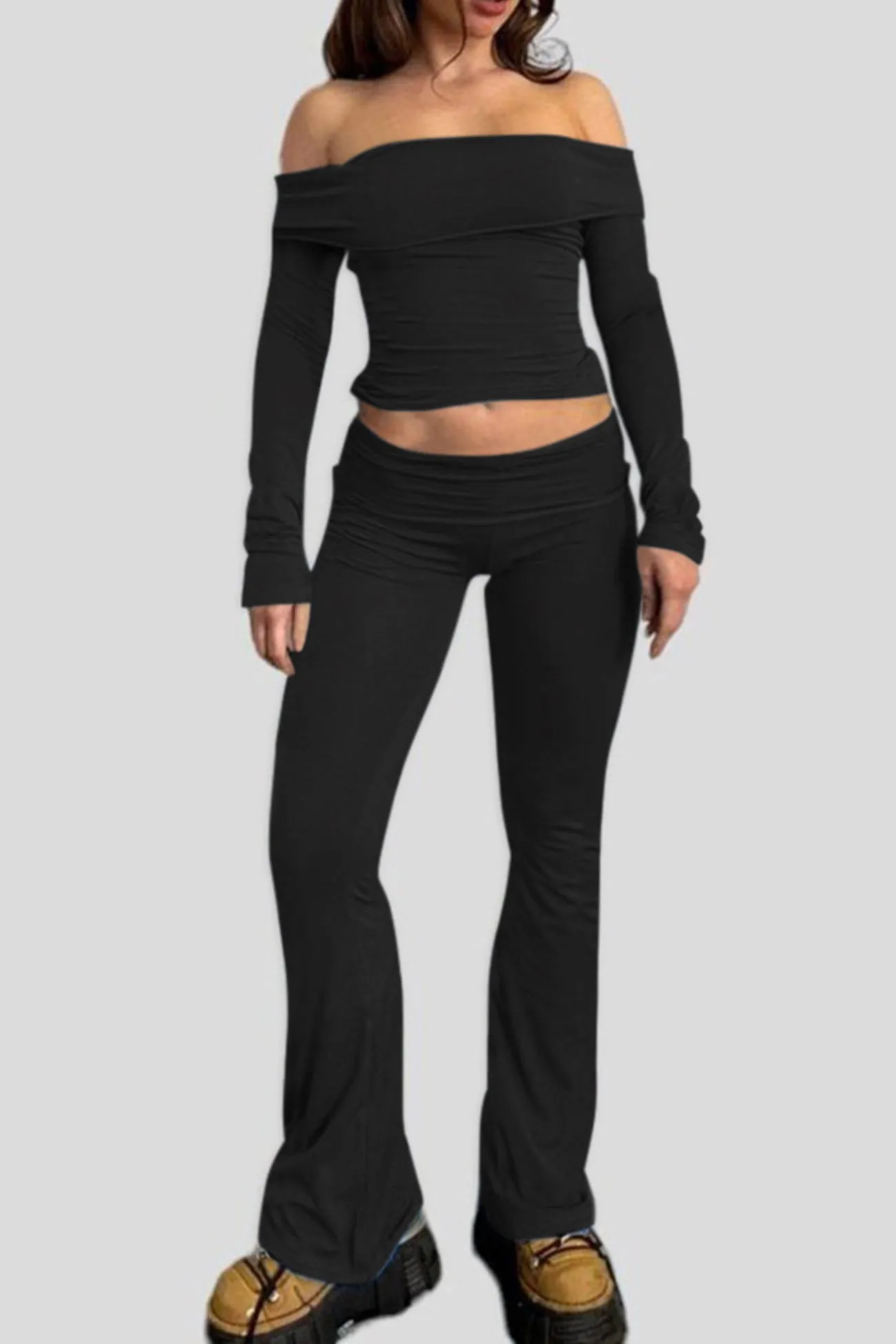 Off-shoulder Crop Top Flares Trouser Set