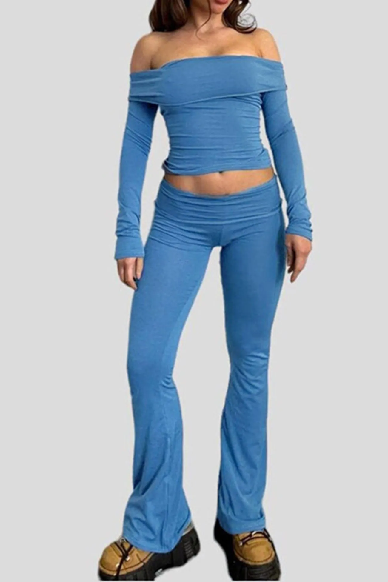 Off-shoulder Crop Top Flares Trouser Set