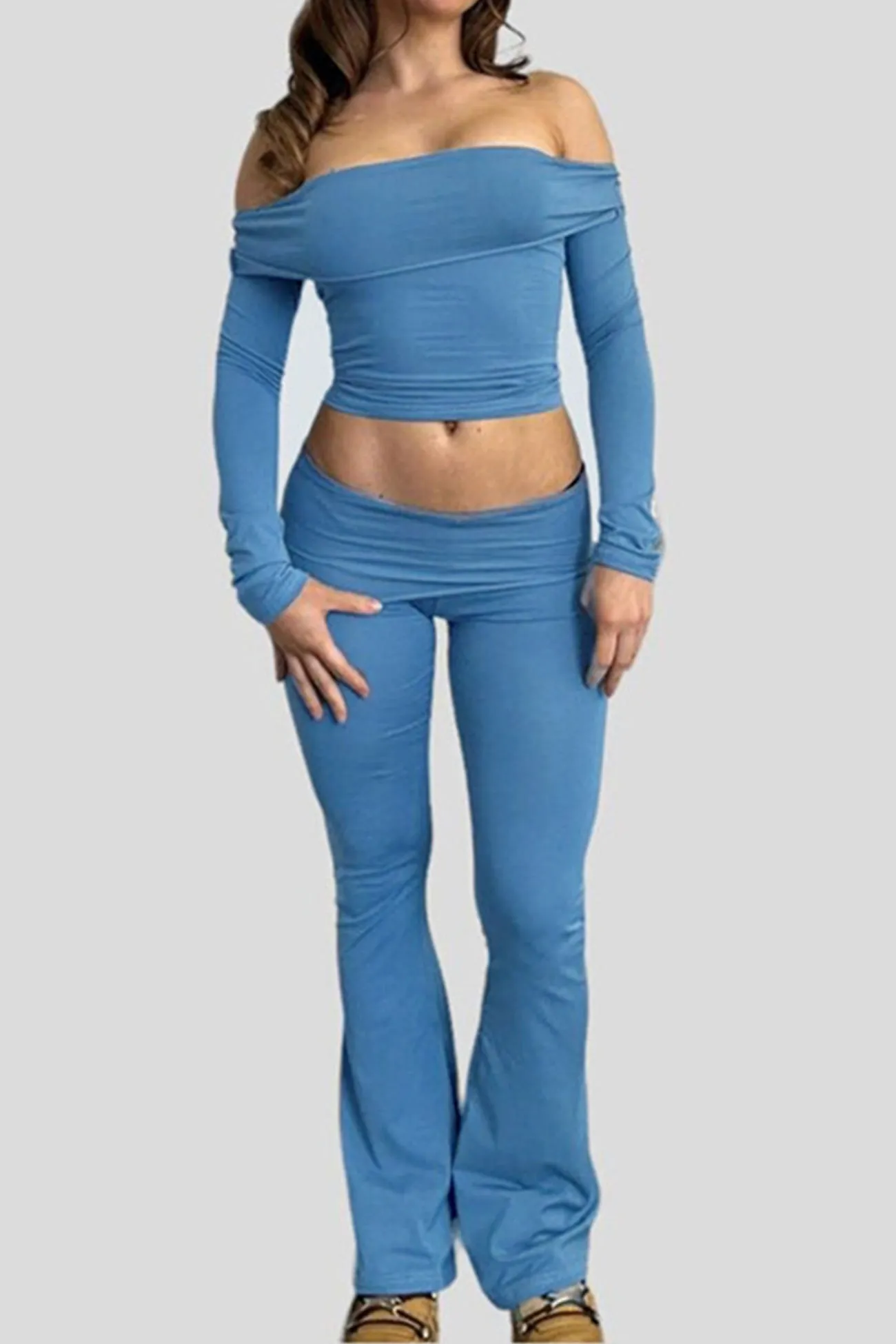 Off-shoulder Crop Top Flares Trouser Set
