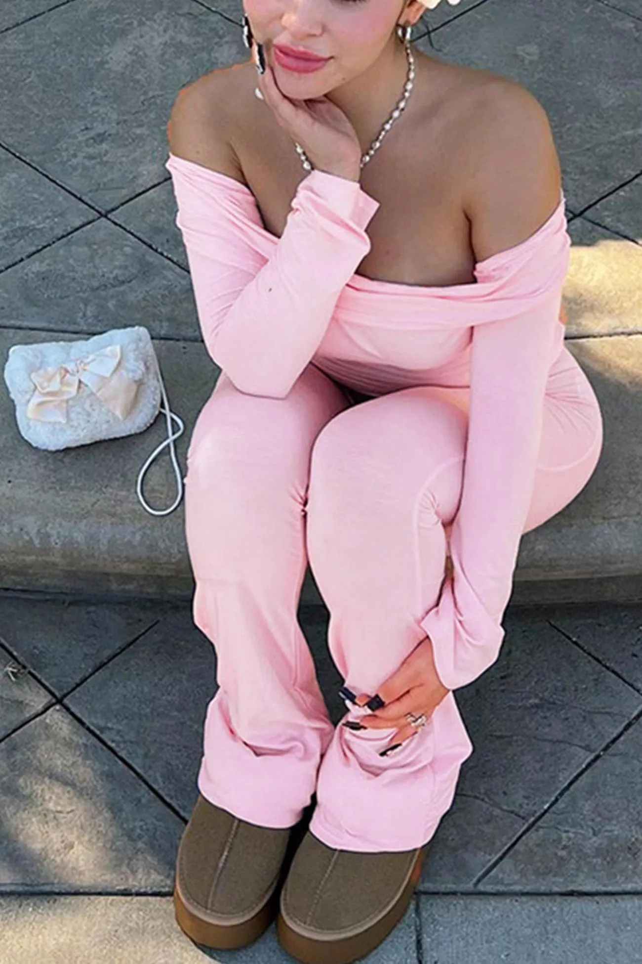 Off-shoulder Crop Top Flares Trouser Set