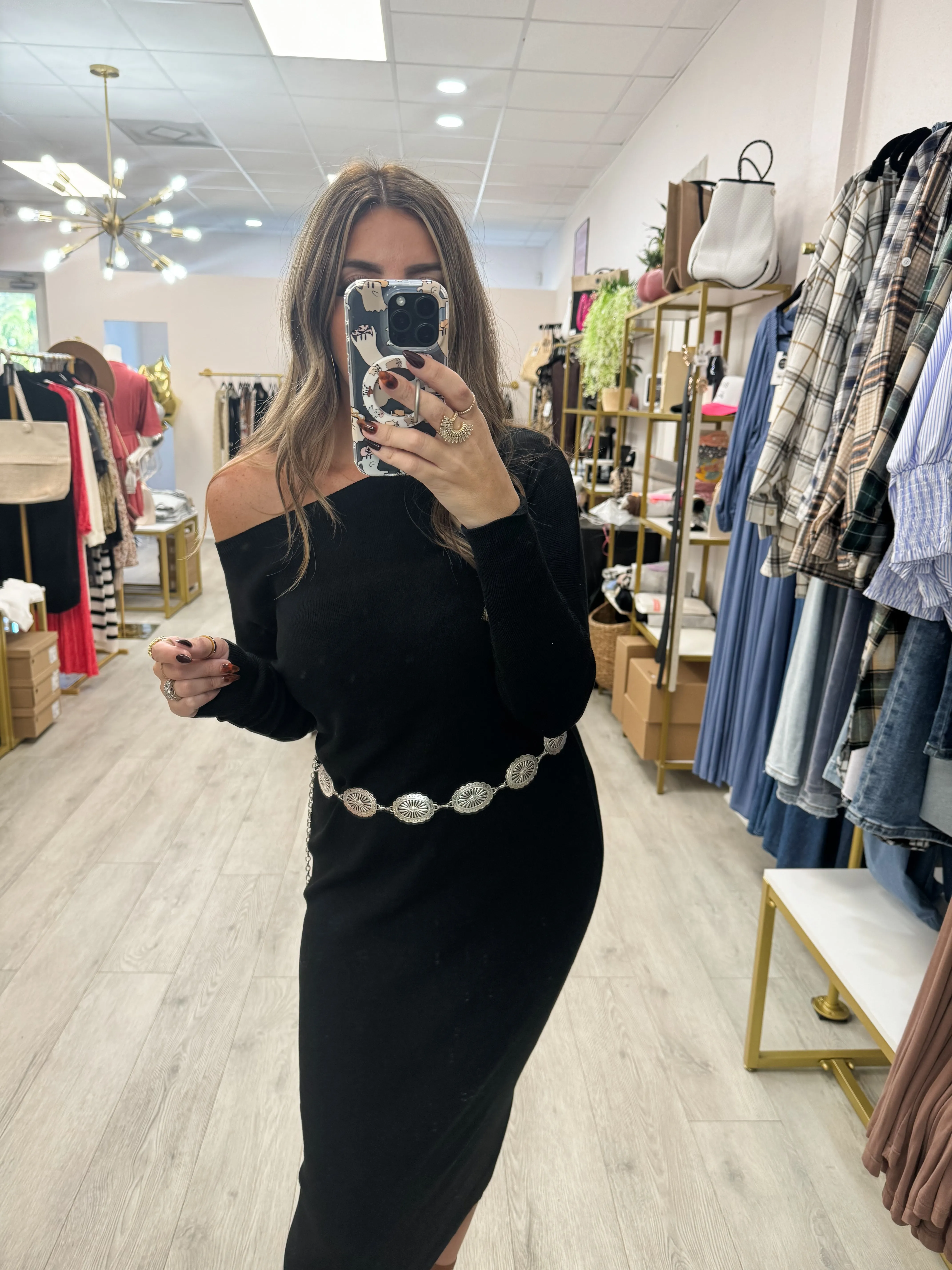 Open Shoulder Knit Midi Dress