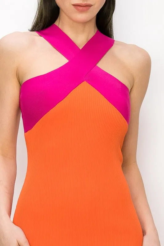 Orange Crossover Neckline Stretch Ribbed Knit Mini Dress