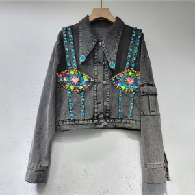 Patchwork Beading Denim Coats For Women Lapel Long Sleeve Slimming Hit Color Vintage Jackets Female Fashion Clothes