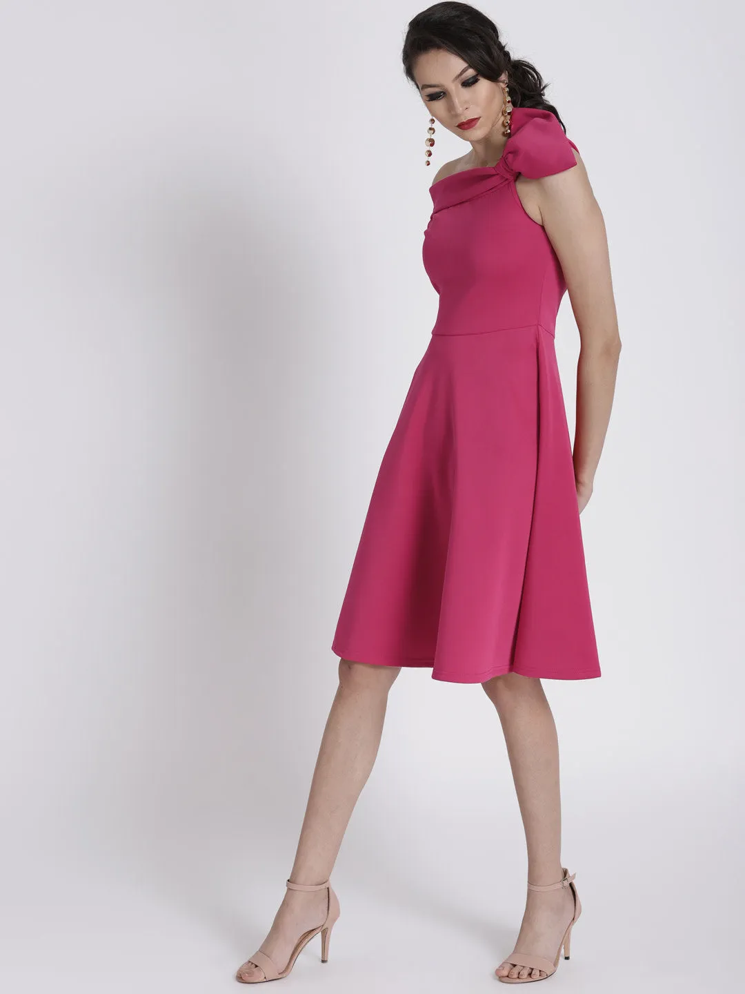 Pink Off Shoulder Side Bow Scuba Dress