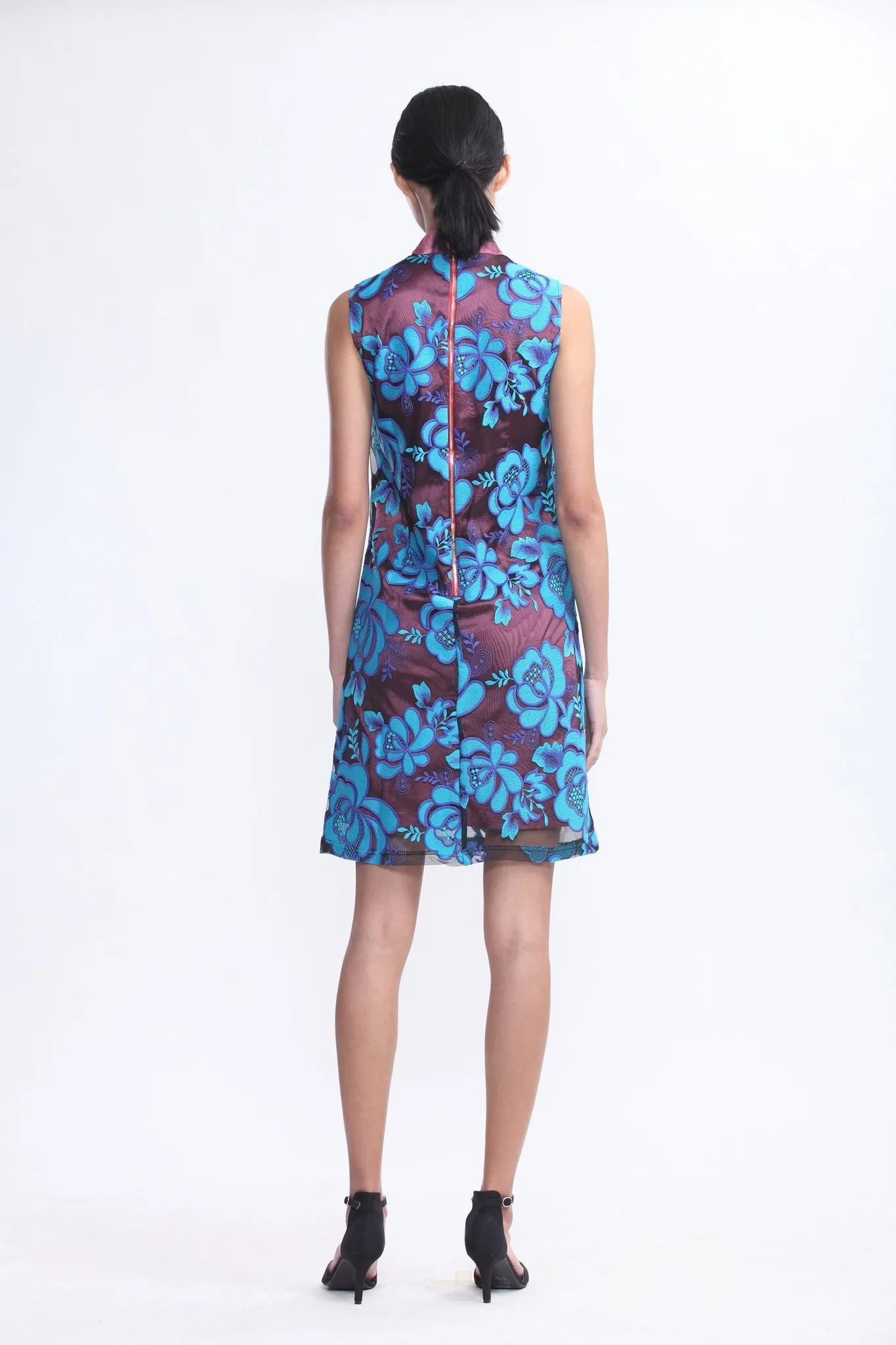 Pink Sleeveless Shift Dress with Blue Rose Embroidered Sheer Top Layer