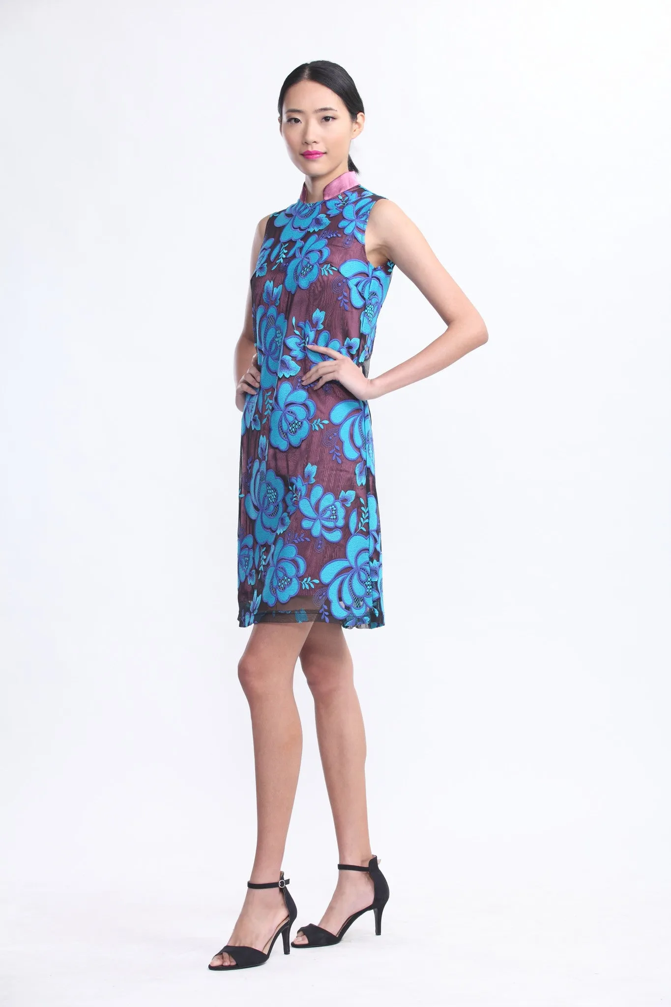 Pink Sleeveless Shift Dress with Blue Rose Embroidered Sheer Top Layer