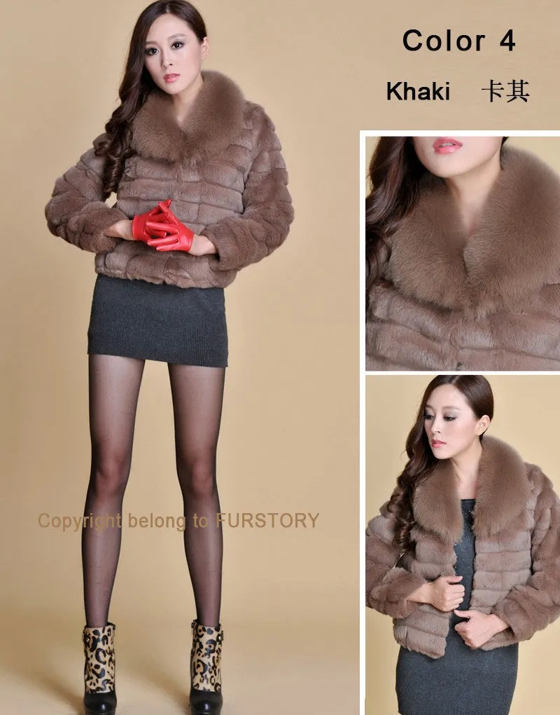 Real Rabbit Fur Coat Fox Fur Collar and Cuff Jacket Overcoat Womens' Garment Winter Coat FS13074