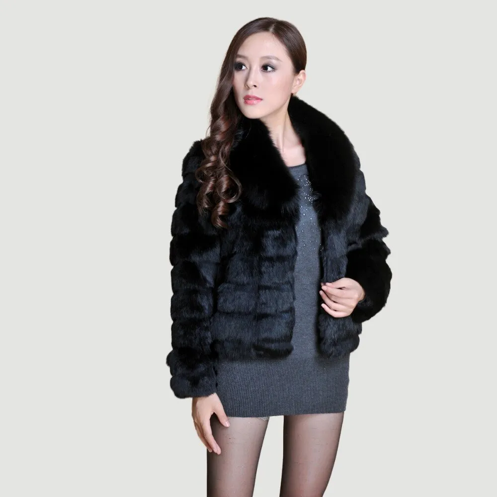 Real Rabbit Fur Coat Fox Fur Collar and Cuff Jacket Overcoat Womens' Garment Winter Coat FS13074