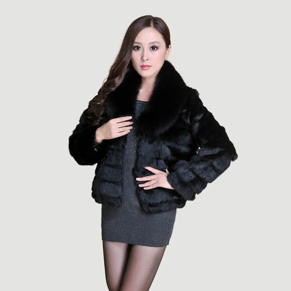 Real Rabbit Fur Coat Fox Fur Collar and Cuff Jacket Overcoat Womens' Garment Winter Coat FS13074