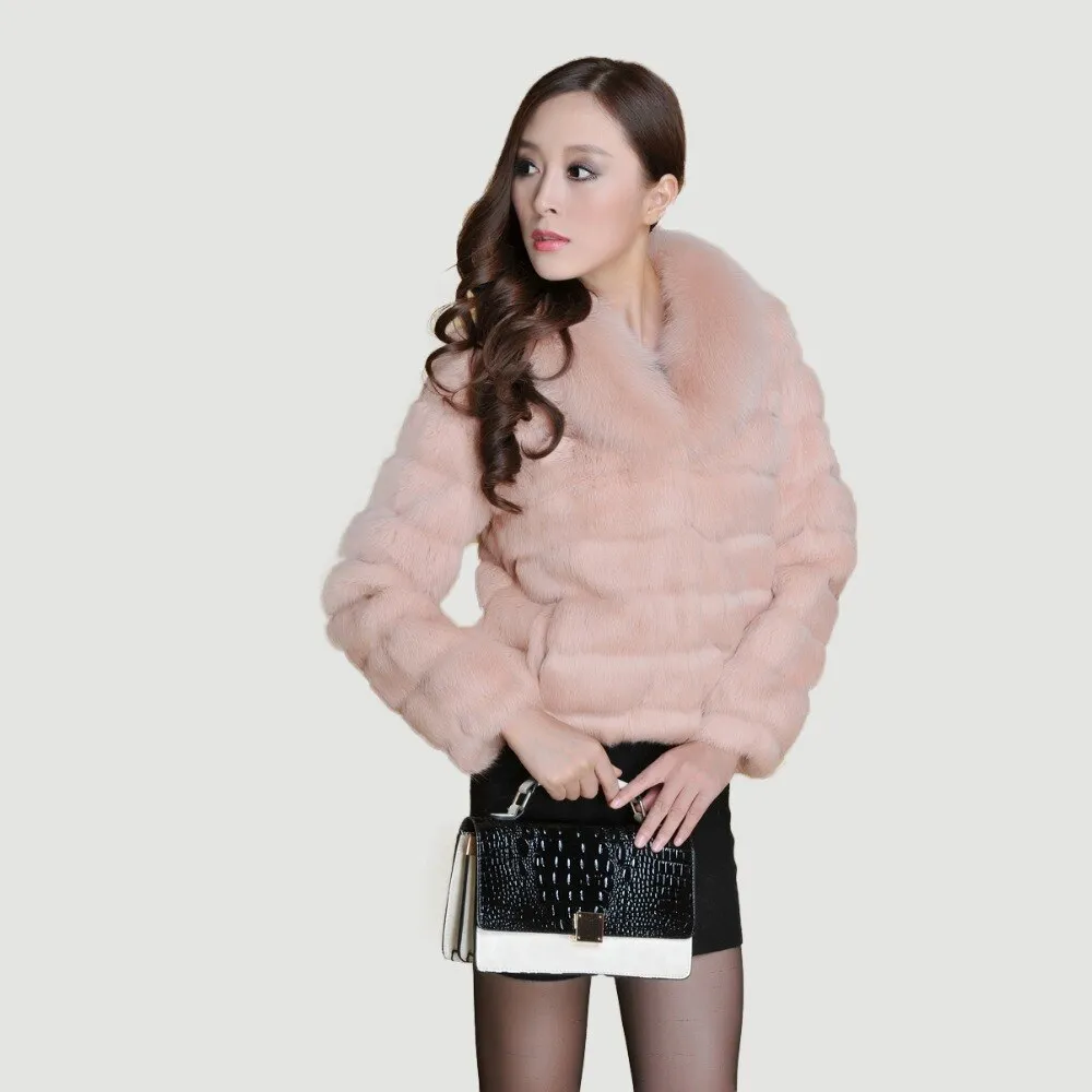 Real Rabbit Fur Coat Fox Fur Collar and Cuff Jacket Overcoat Womens' Garment Winter Coat FS13074