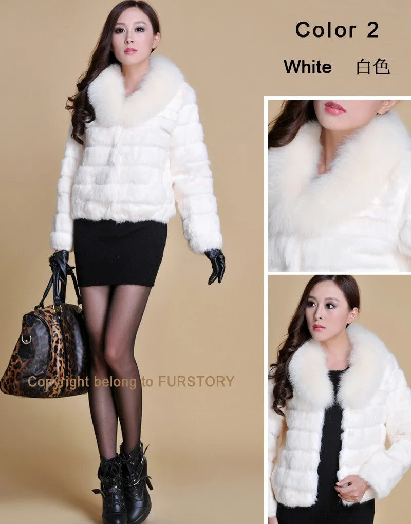 Real Rabbit Fur Coat Fox Fur Collar and Cuff Jacket Overcoat Womens' Garment Winter Coat FS13074