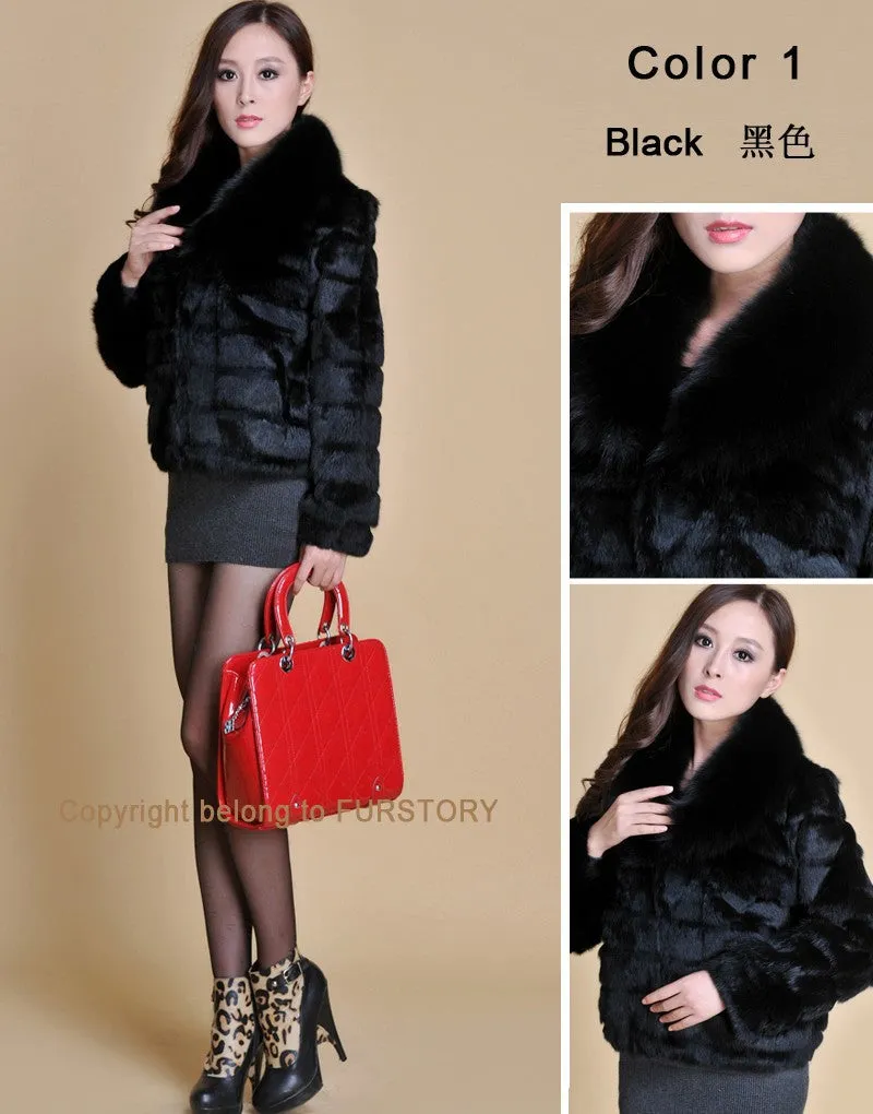 Real Rabbit Fur Coat Fox Fur Collar and Cuff Jacket Overcoat Womens' Garment Winter Coat FS13074