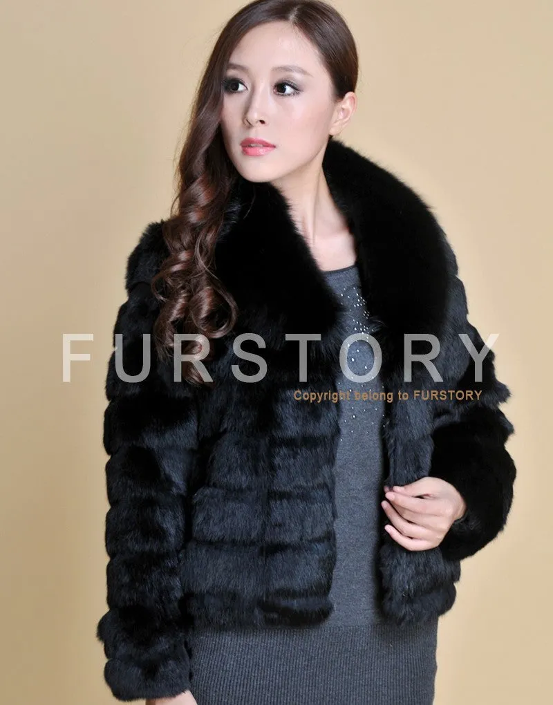 Real Rabbit Fur Coat Fox Fur Collar and Cuff Jacket Overcoat Womens' Garment Winter Coat FS13074