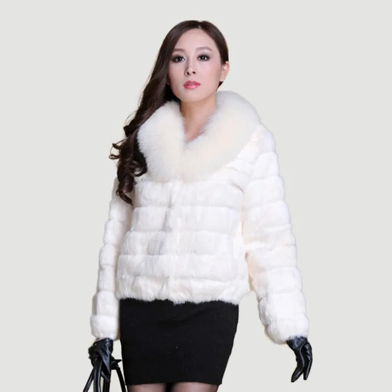 Real Rabbit Fur Coat Fox Fur Collar and Cuff Jacket Overcoat Womens' Garment Winter Coat FS13074