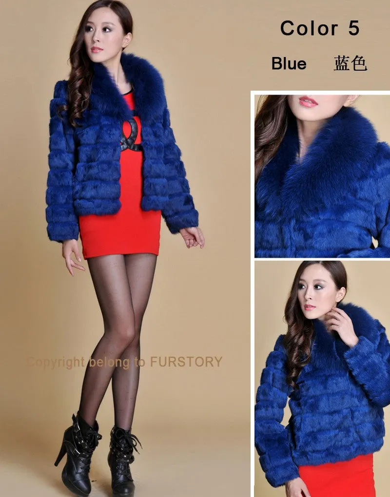 Real Rabbit Fur Coat Fox Fur Collar and Cuff Jacket Overcoat Womens' Garment Winter Coat FS13074
