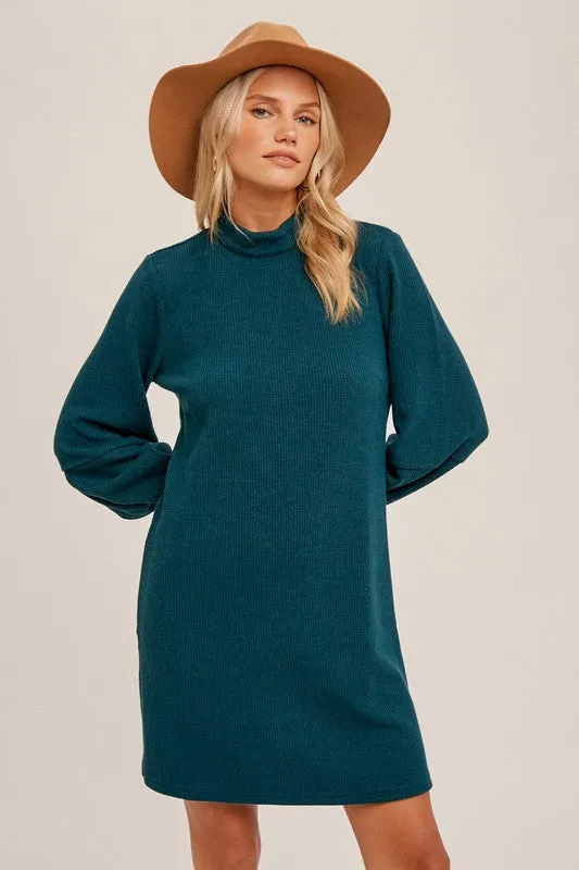 Sea Green Mock Neck Ribbed Knit Dress With Pleated Sleeve