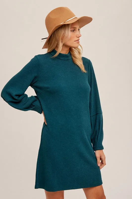 Sea Green Mock Neck Ribbed Knit Dress With Pleated Sleeve