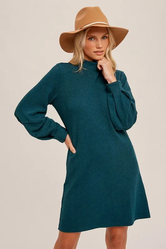 Sea Green Mock Neck Ribbed Knit Dress With Pleated Sleeve