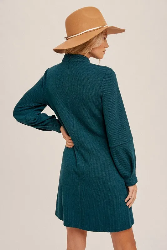 Sea Green Mock Neck Ribbed Knit Dress With Pleated Sleeve