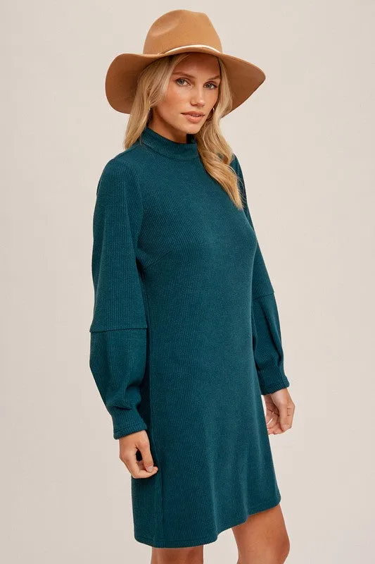 Sea Green Mock Neck Ribbed Knit Dress With Pleated Sleeve