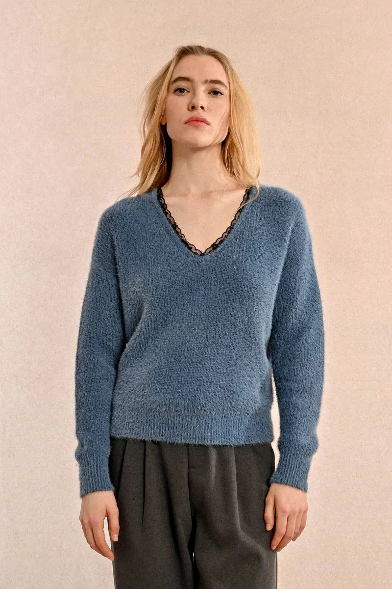 The Gisele Lace Trim Sweater - Ocean Blue
