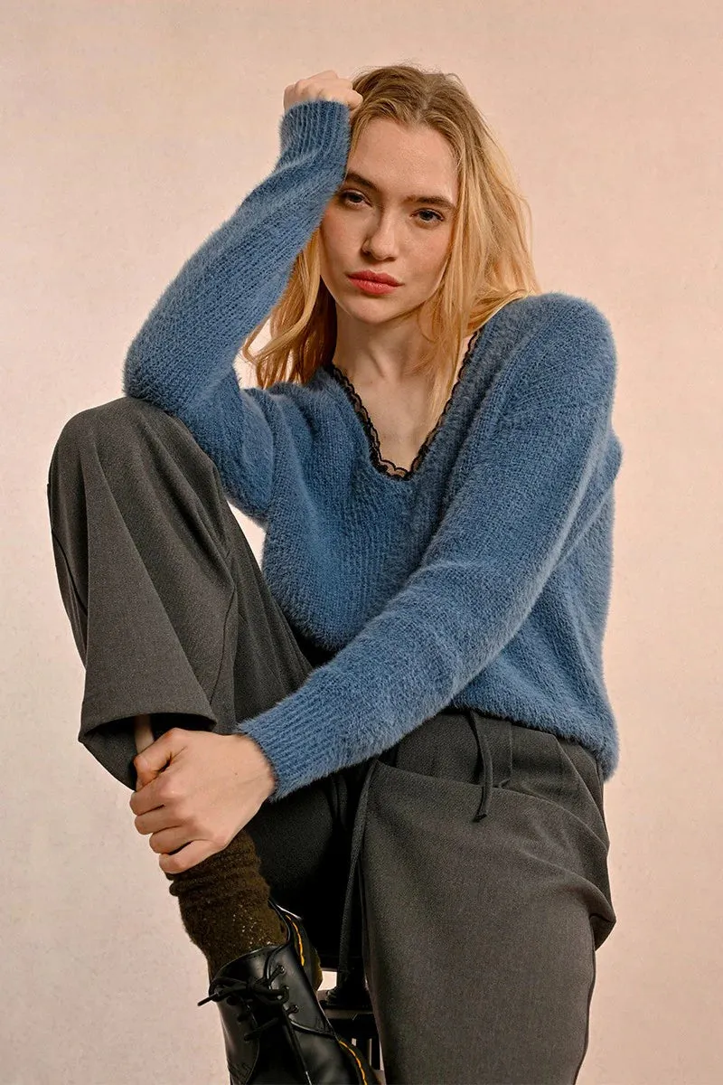 The Gisele Lace Trim Sweater - Ocean Blue